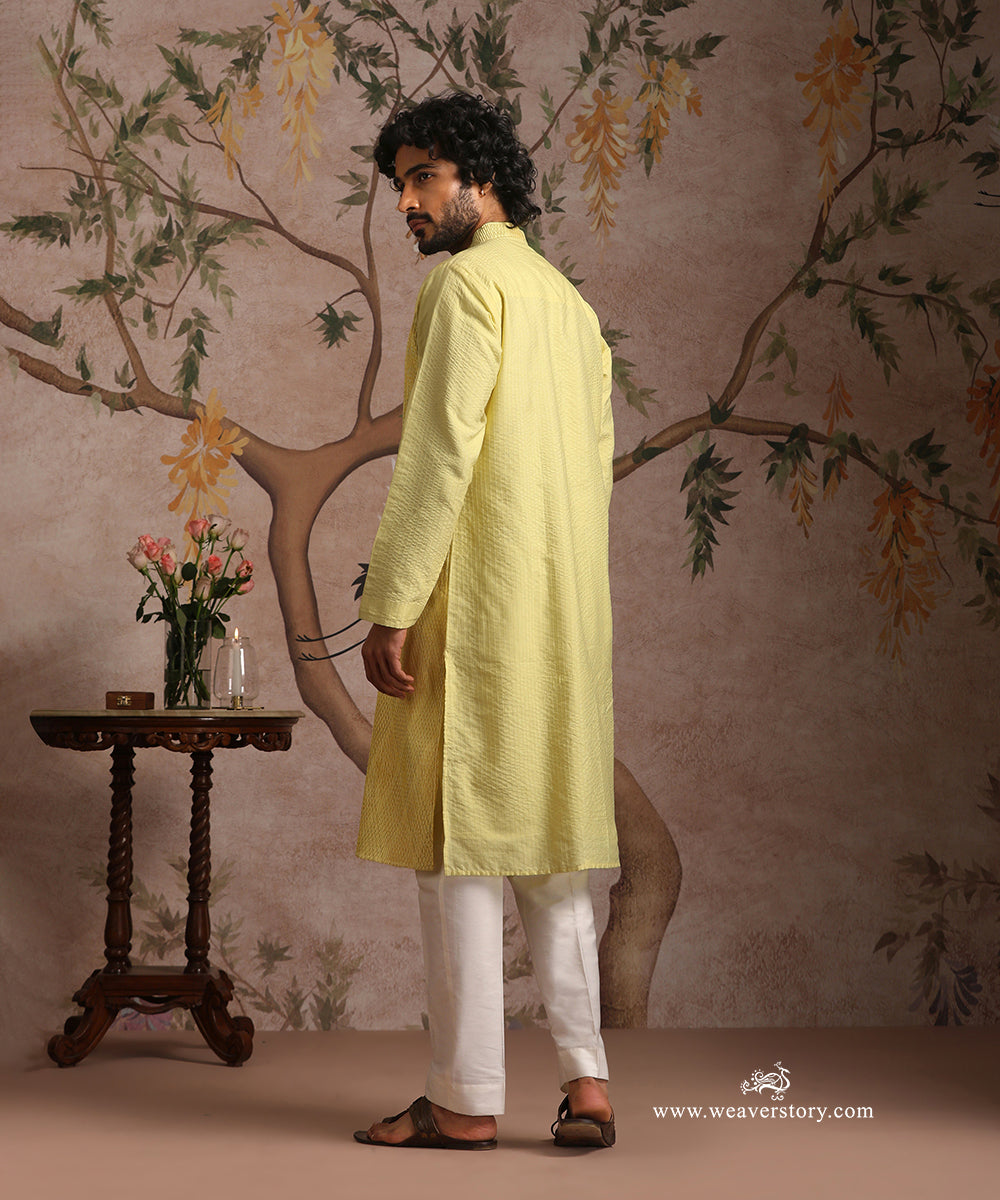 Yellow Handloom Cotton Silk Pintuck Kurta With Pant