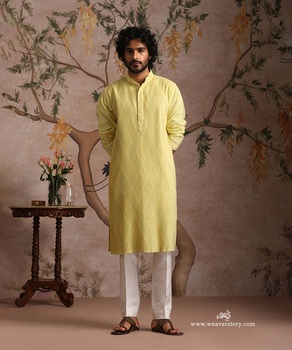 Yellow Handloom Cotton Silk Pintuck Kurta With Pant