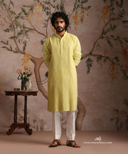Yellow Handloom Cotton Silk Pintuck Kurta With Pant