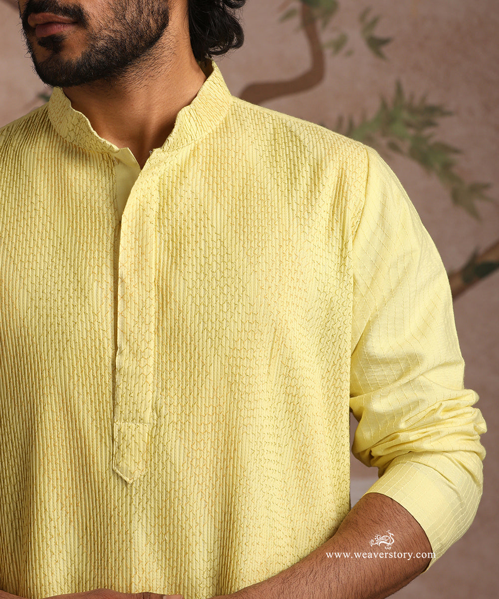 Yellow Handloom Cotton Silk Pintuck Kurta With Pant