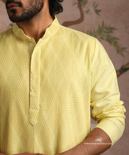 Yellow Handloom Cotton Silk Pintuck Kurta With Pant