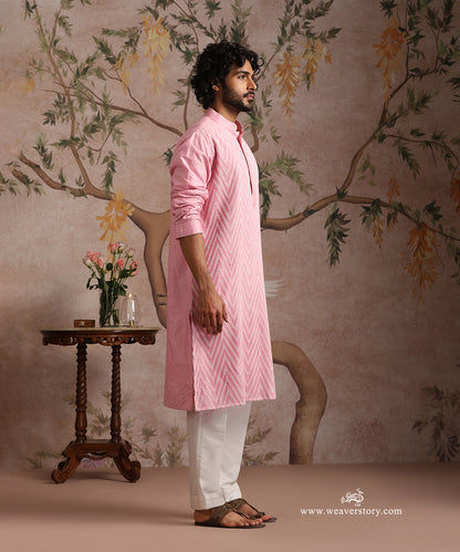 Pink Handloom Cotton Silk Aplic Kurta In Chevron Motif