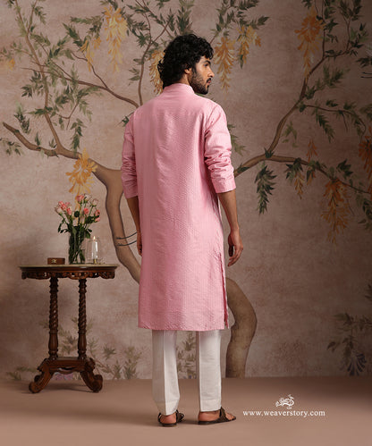 Pink Handloom Cotton Silk Aplic Kurta In Chevron Motif