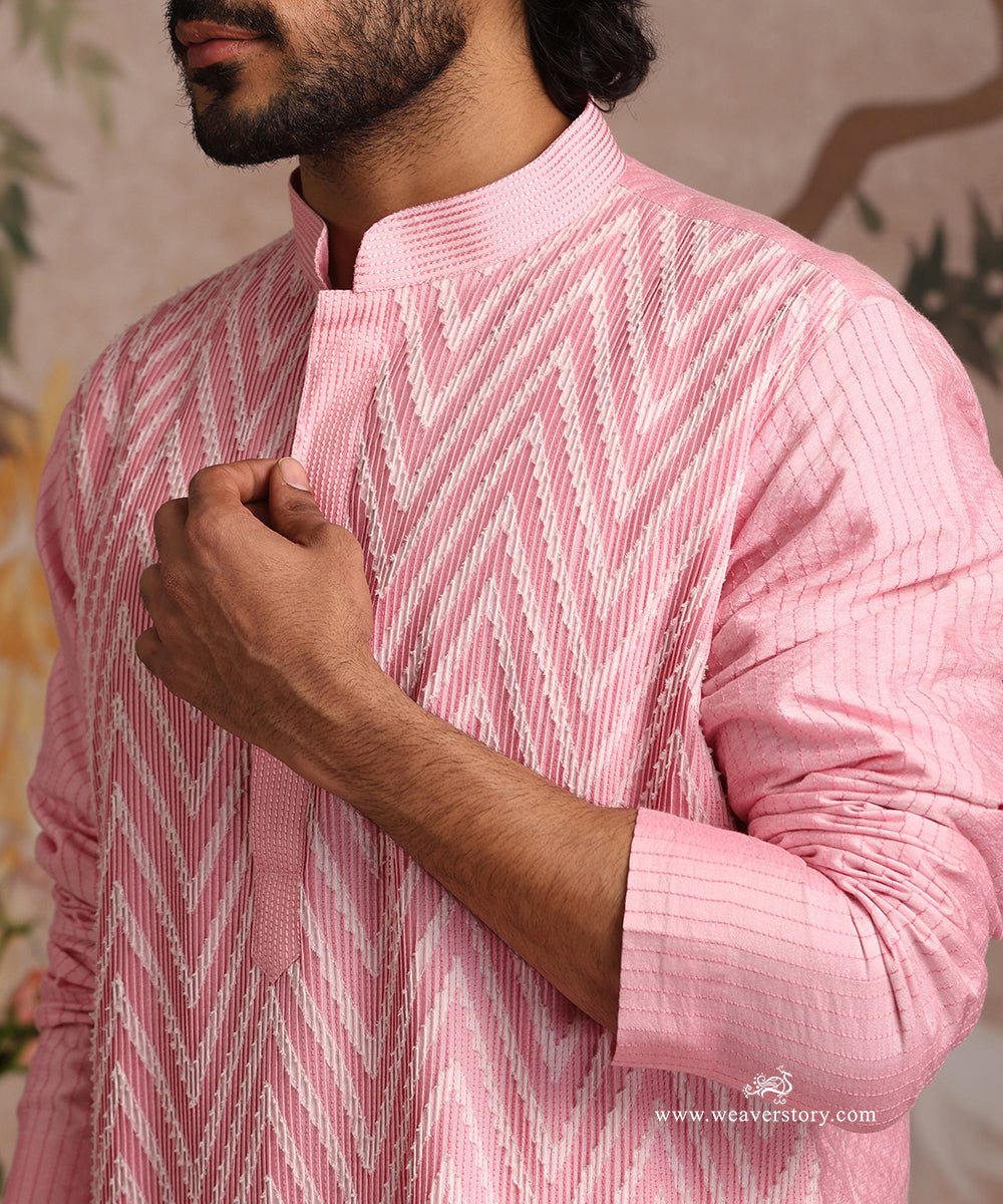 Pink Handloom Cotton Silk Aplic Kurta In Chevron Motif