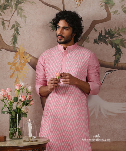Pink Handloom Cotton Silk Aplic Kurta In Chevron Motif