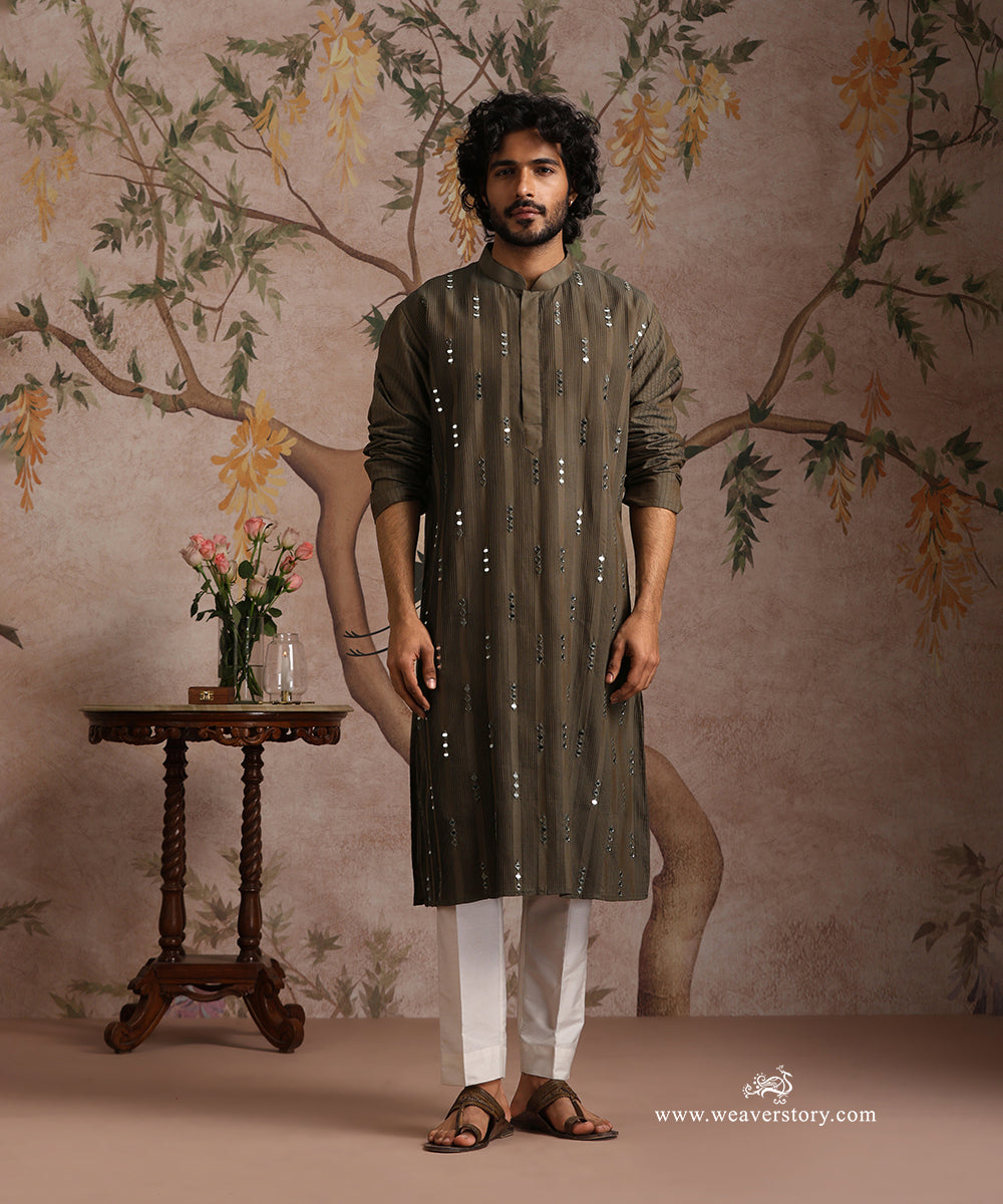Olive Green Handloom Cotton Silk Mirror Work Kurta With Pant