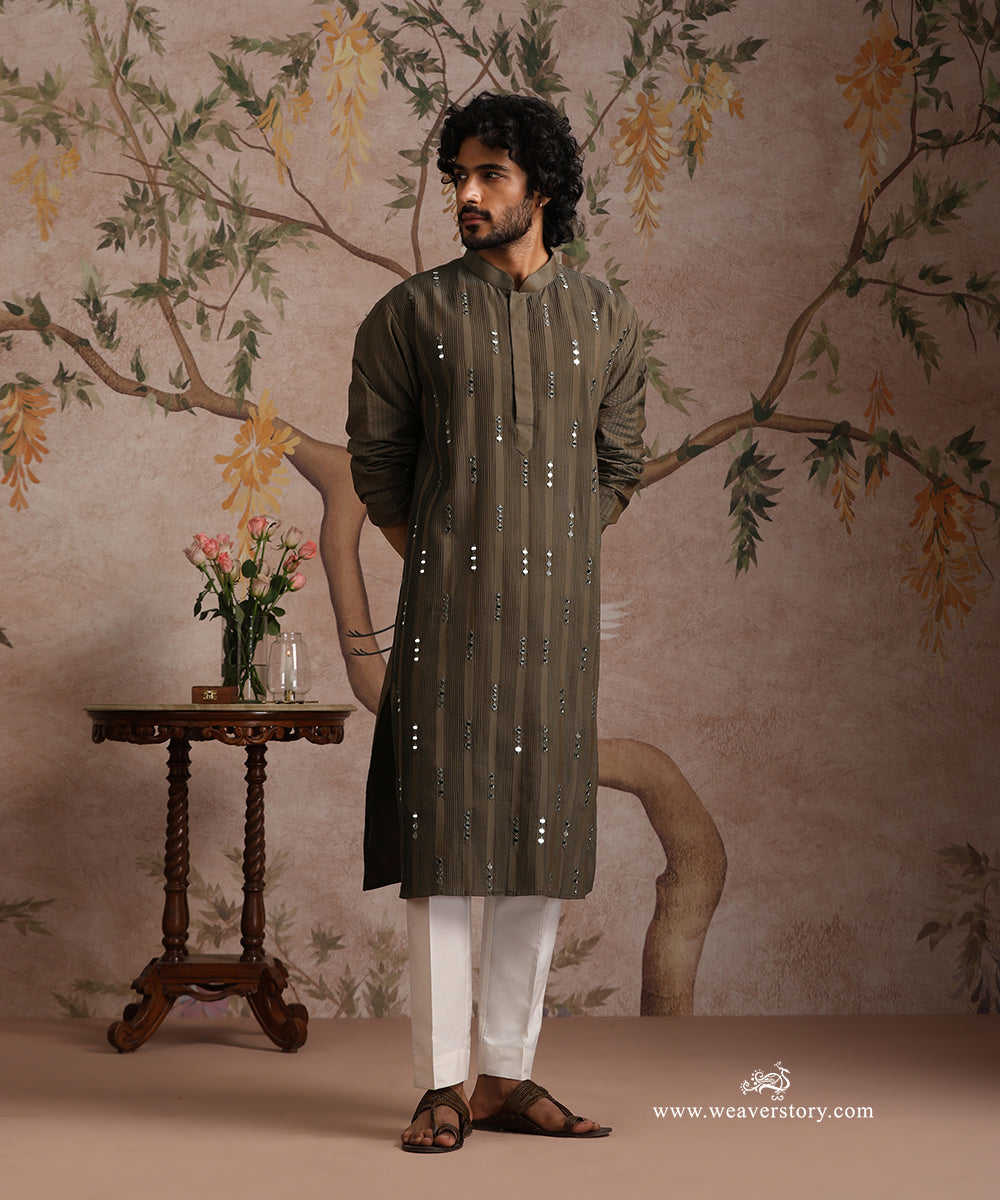 Olive Green Handloom Cotton Silk Mirror Work Kurta With Pant