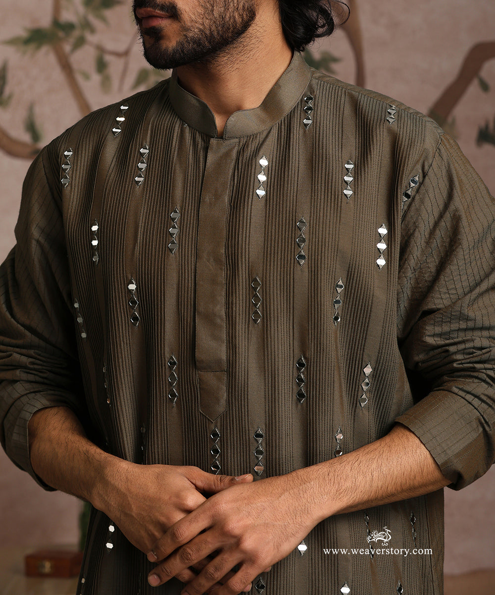 Olive Green Handloom Cotton Silk Mirror Work Kurta With Pant