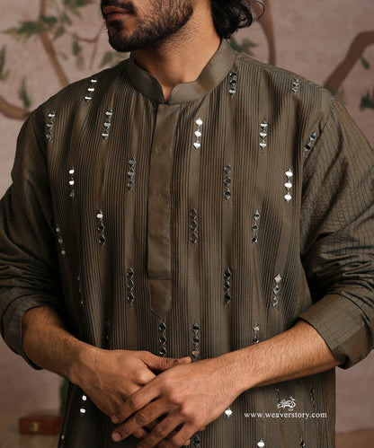 Olive Green Handloom Cotton Silk Mirror Work Kurta With Pant