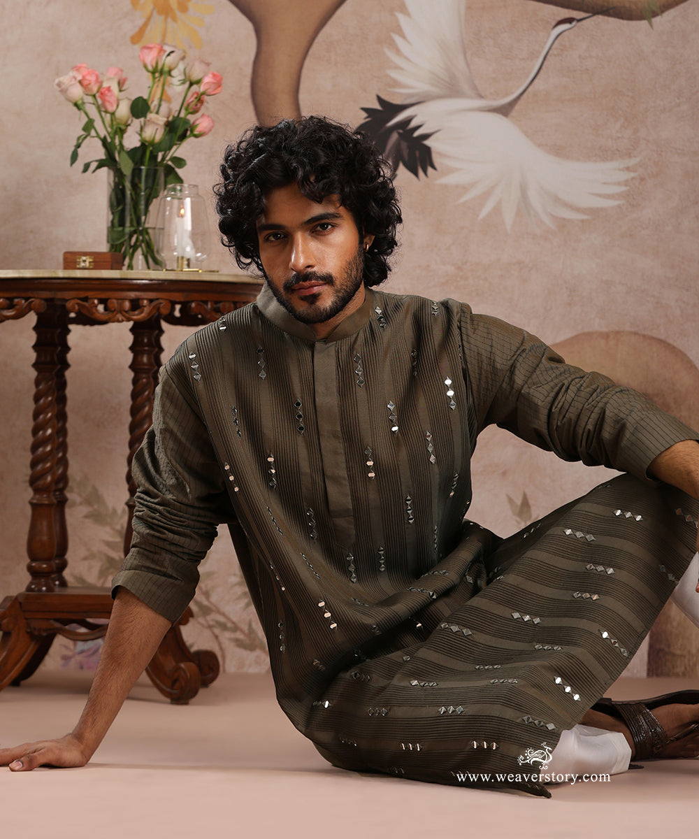 Olive Green Handloom Cotton Silk Mirror Work Kurta With Pant