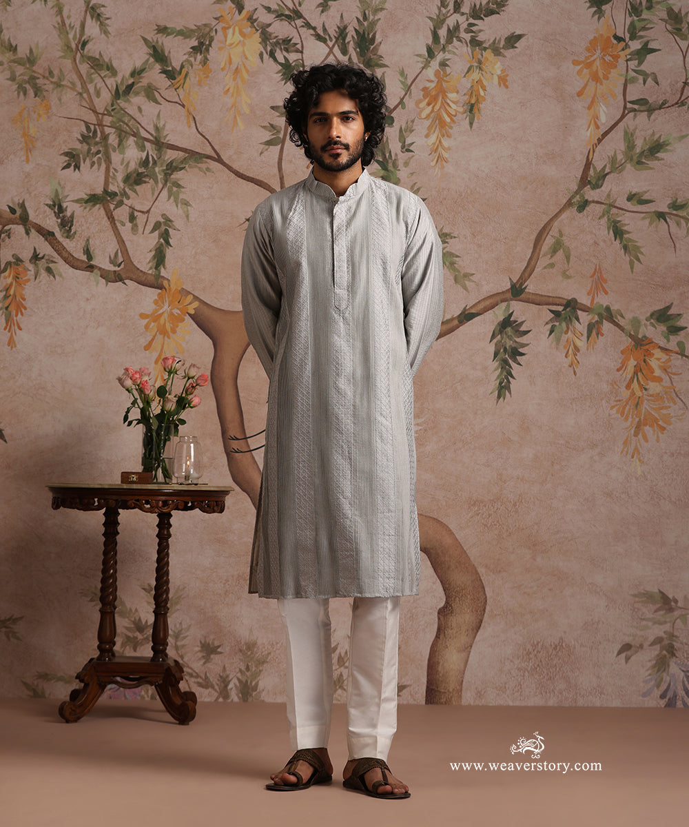 Grey Handloom Cotton Silk Pintuck Kurta With Pant