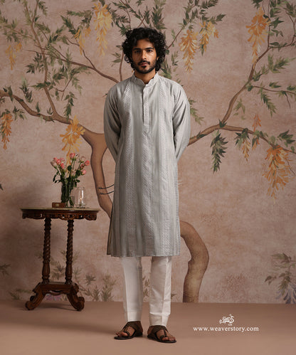 Grey Handloom Cotton Silk Pintuck Kurta With Pant