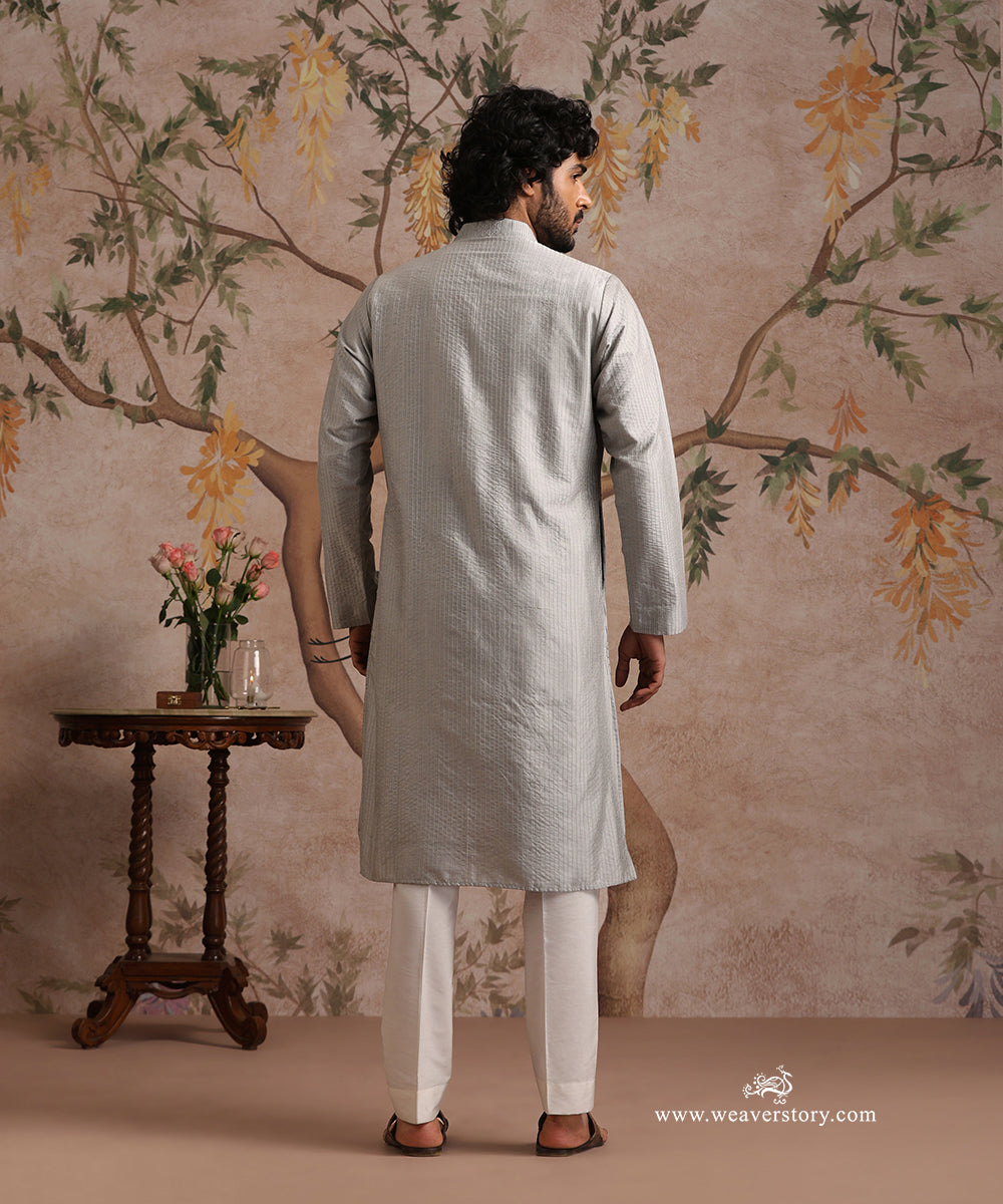 Grey Handloom Cotton Silk Pintuck Kurta With Pant