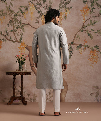 Grey Handloom Cotton Silk Pintuck Kurta With Pant