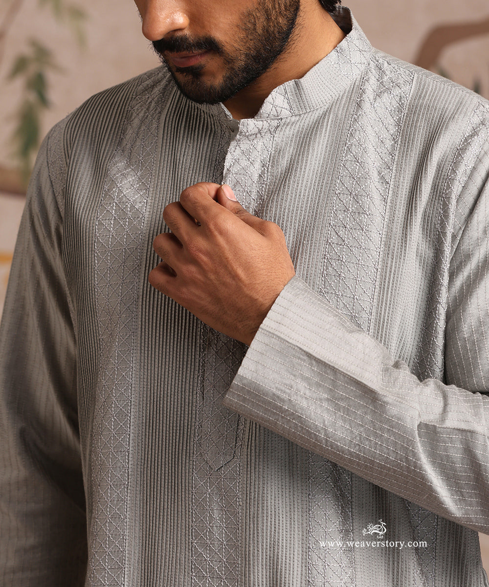 Grey Handloom Cotton Silk Pintuck Kurta With Pant