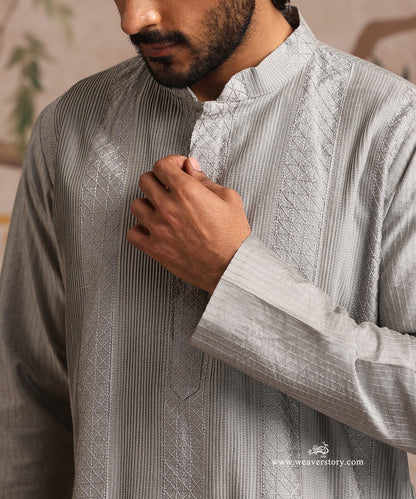 Grey Handloom Cotton Silk Pintuck Kurta With Pant