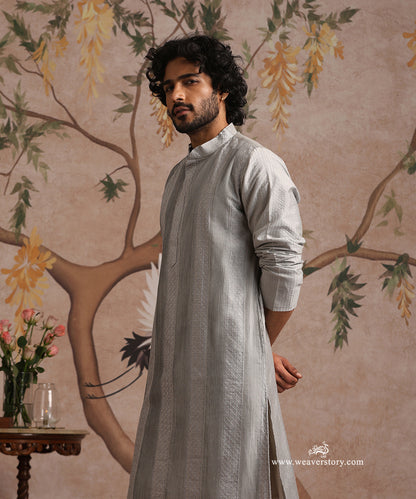 Grey Handloom Cotton Silk Pintuck Kurta With Pant
