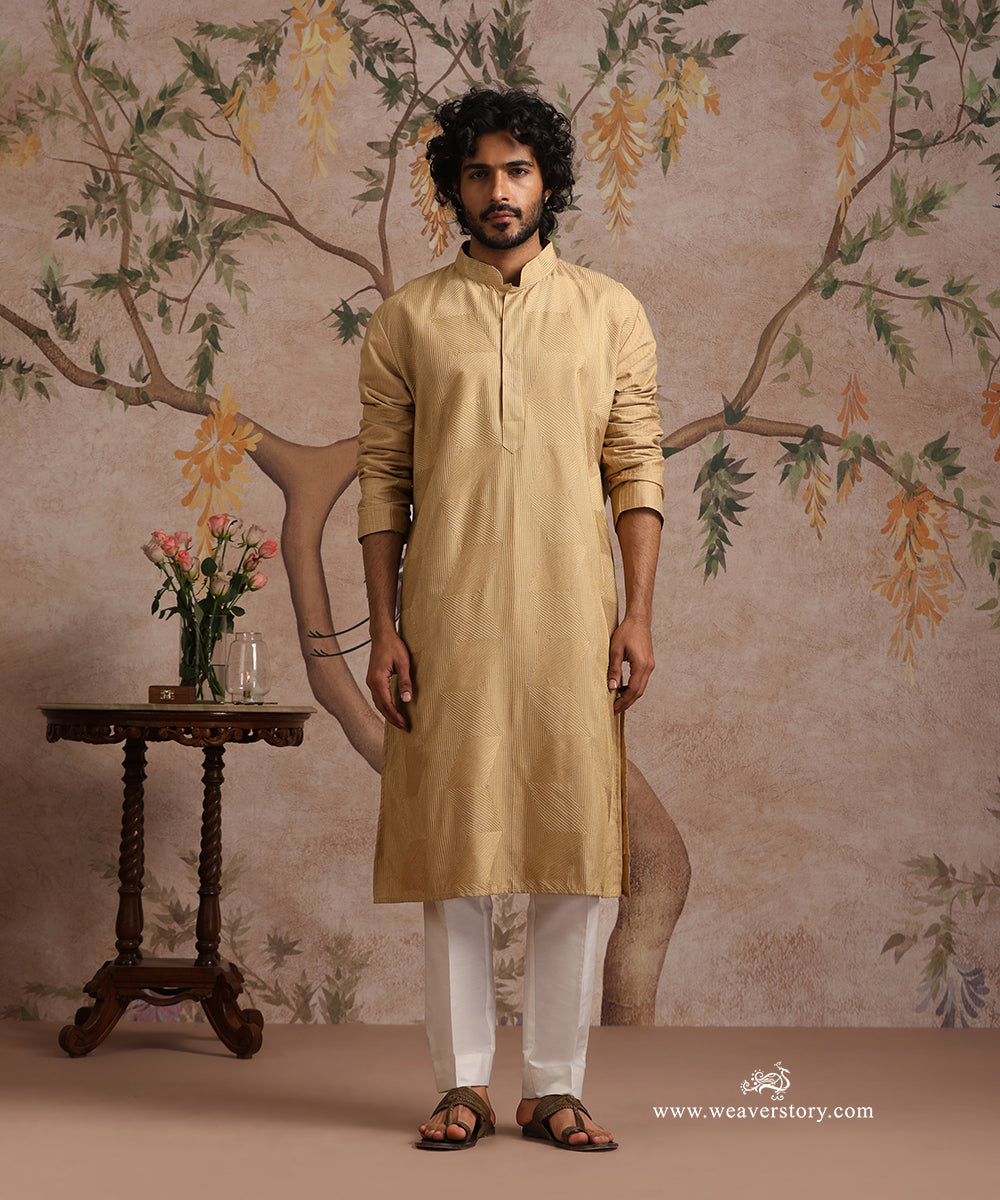 Beige Handloom Cotton Silk Zig Zag Embroidered Kurta With Pant