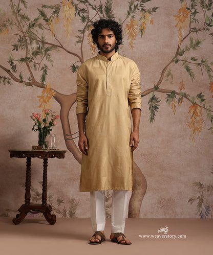 Beige Handloom Cotton Silk Zig Zag Embroidered Kurta With Pant