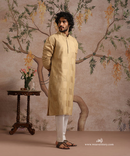Beige Handloom Cotton Silk Zig Zag Embroidered Kurta With Pant