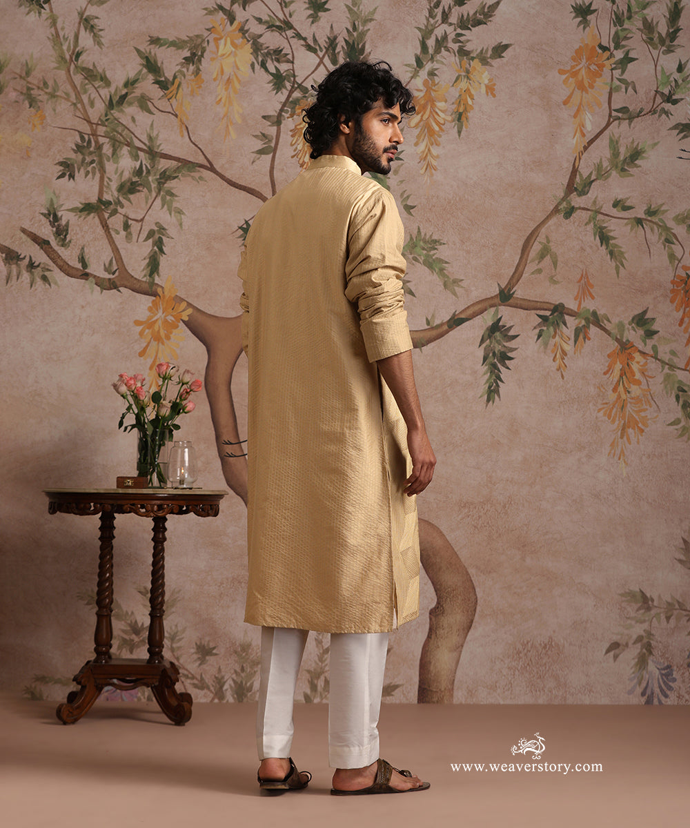 Beige Handloom Cotton Silk Zig Zag Embroidered Kurta With Pant