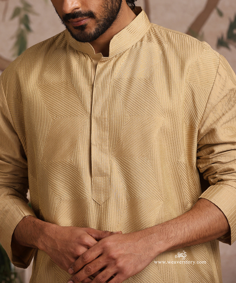 Beige Handloom Cotton Silk Zig Zag Embroidered Kurta With Pant