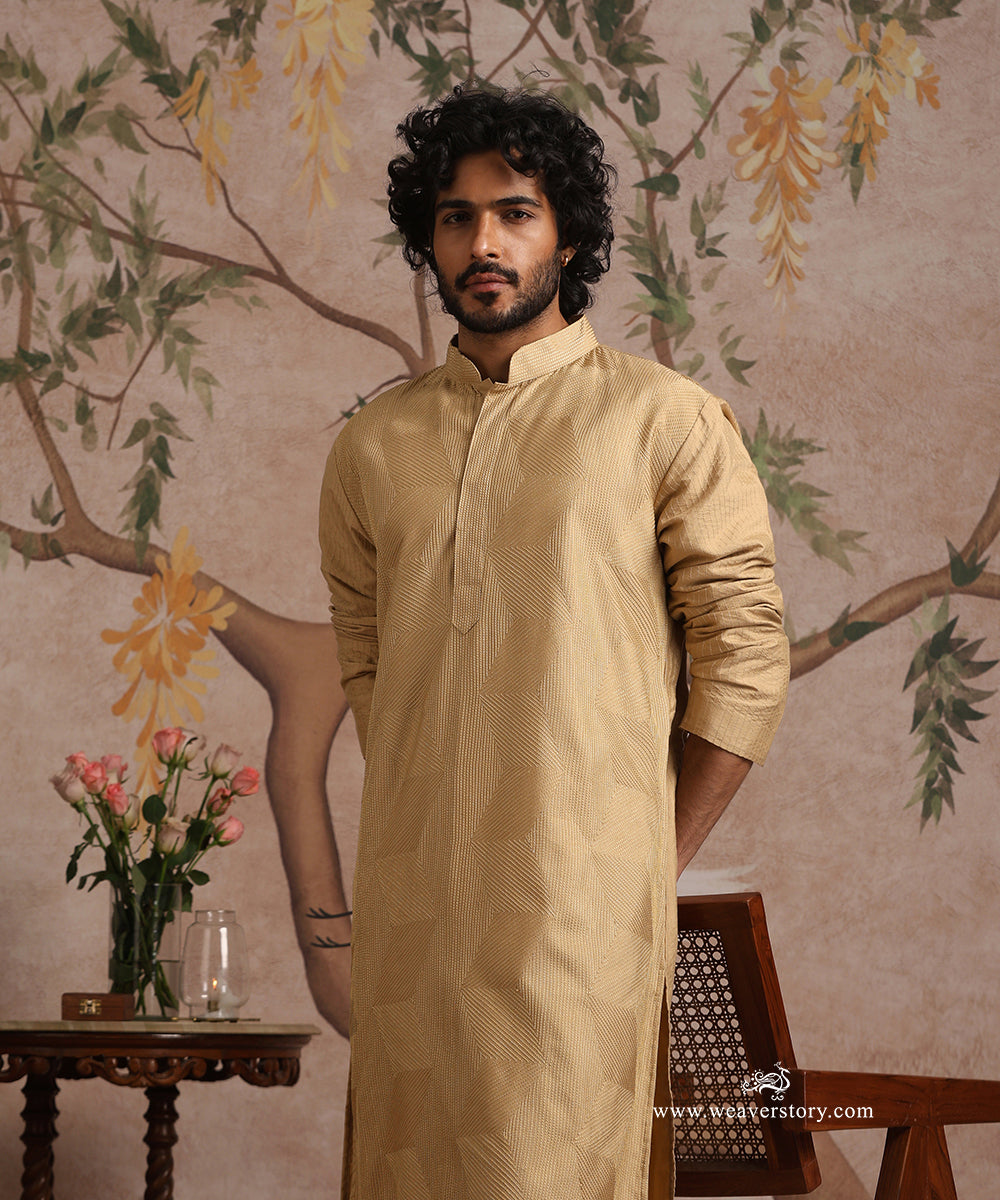 Beige Handloom Cotton Silk Zig Zag Embroidered Kurta With Pant