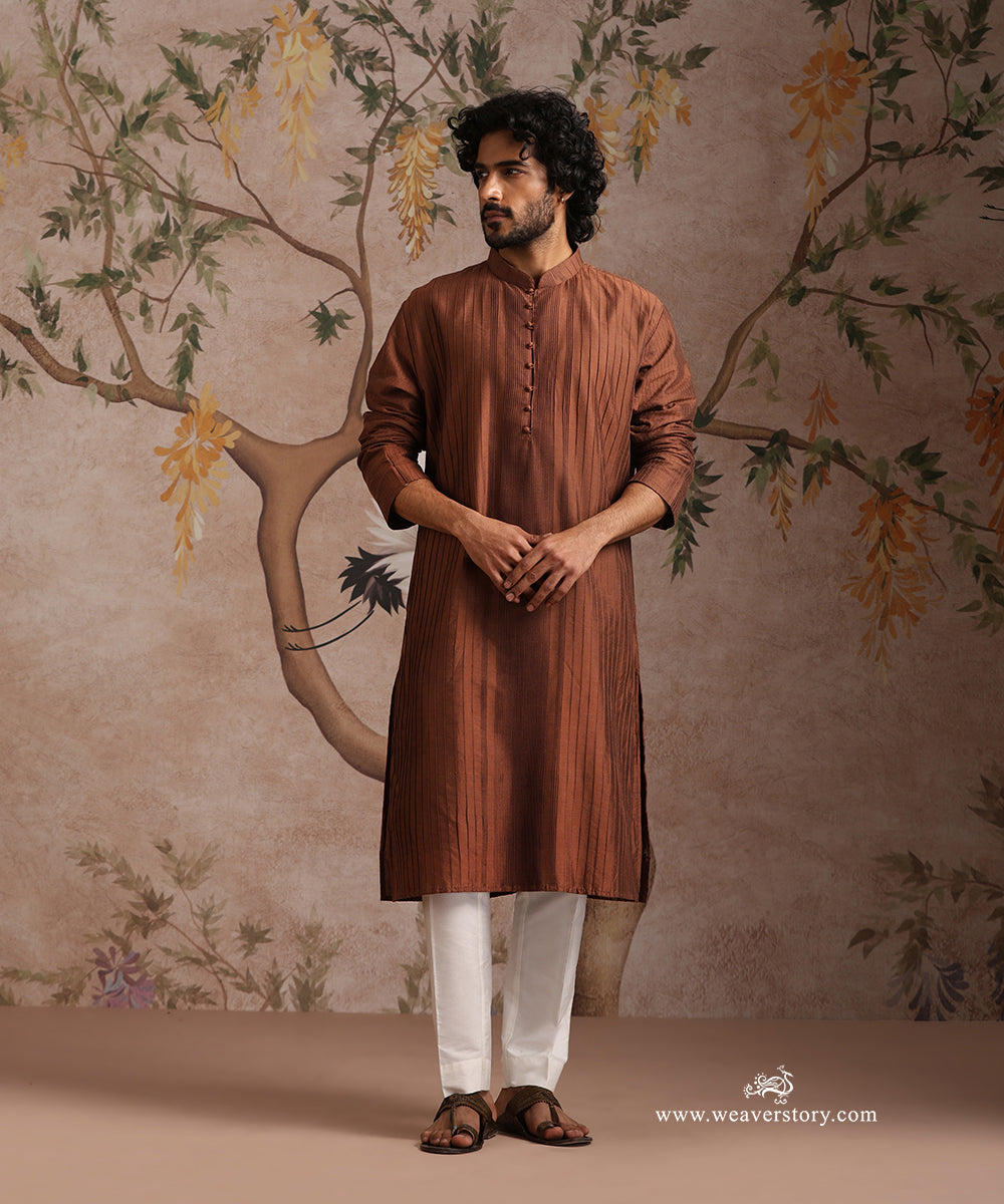 Brown Handloom Cotton Silk Pintuck Kurta With Pant