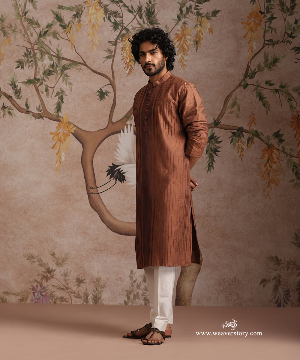 Brown Handloom Cotton Silk Pintuck Kurta With Pant