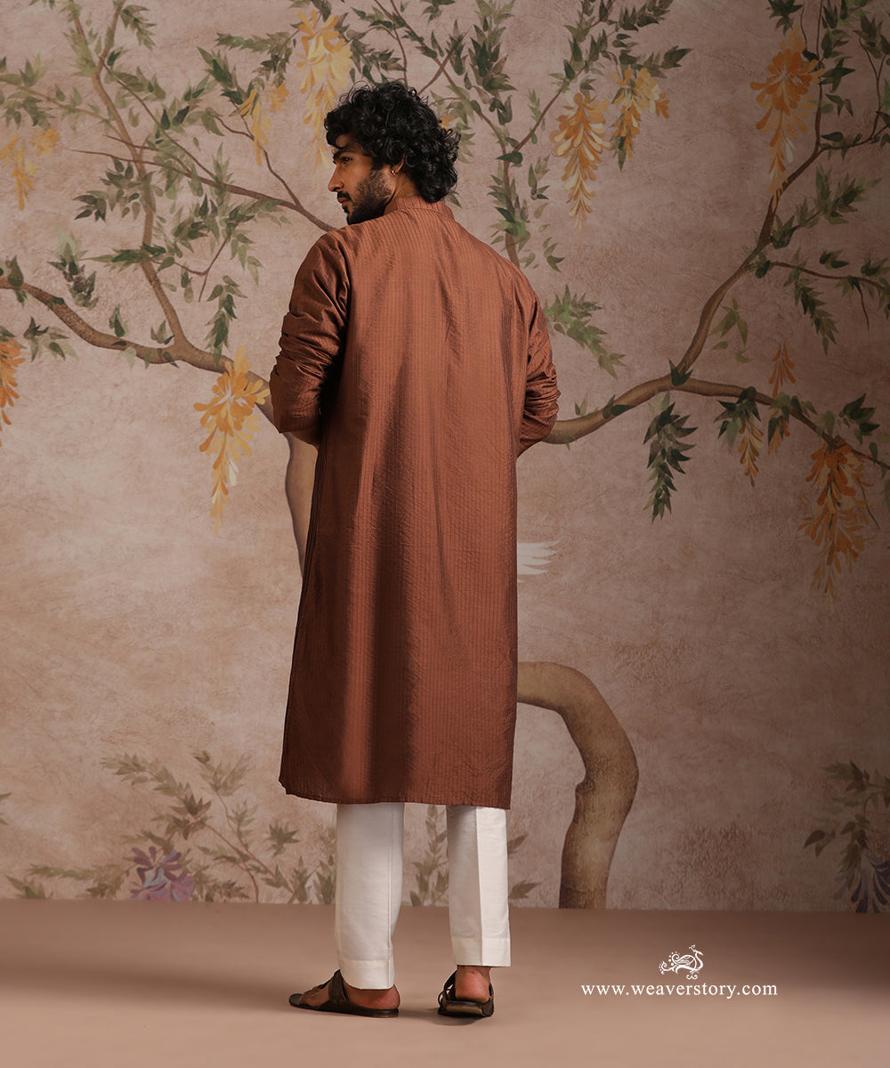 Brown Handloom Cotton Silk Pintuck Kurta With Pant