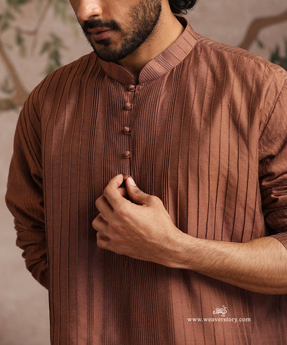 Brown Handloom Cotton Silk Pintuck Kurta With Pant