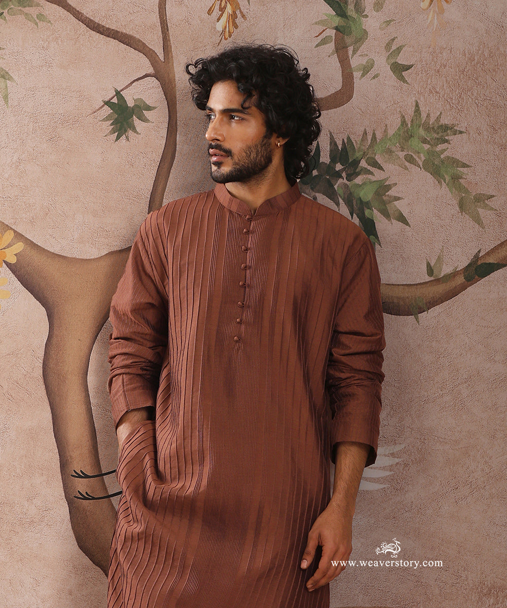 Brown Handloom Cotton Silk Pintuck Kurta With Pant
