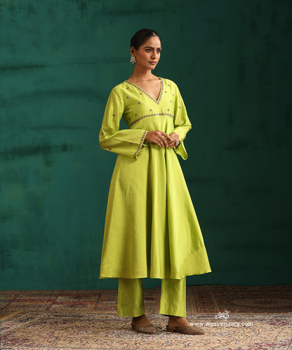 Lime Green Handwoven Chanderi Kurta with Zardosi Hand Embroidery