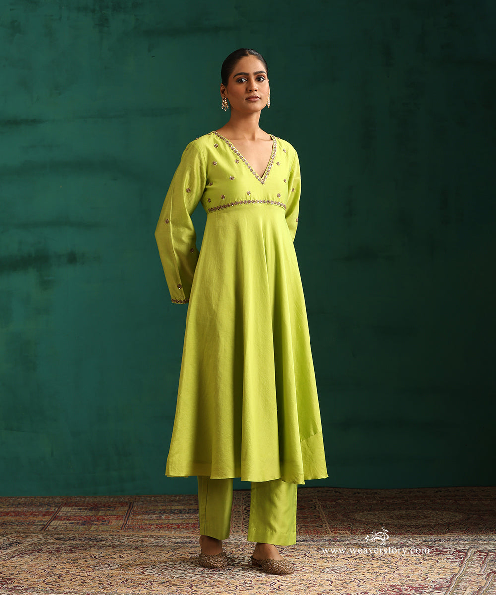 Lime Green Handwoven Chanderi Kurta with Zardosi Hand Embroidery
