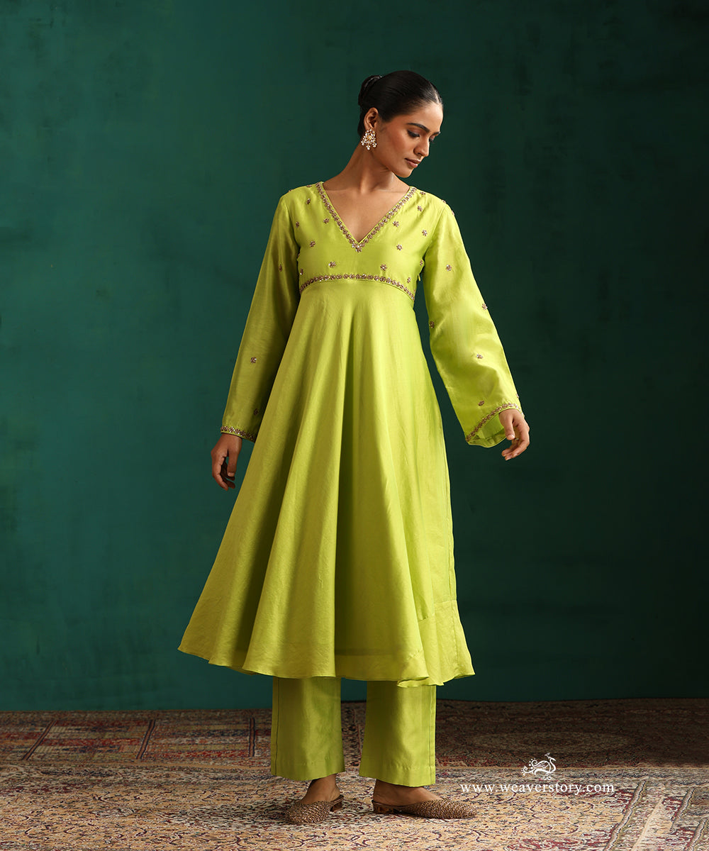 Lime Green Handwoven Chanderi Kurta with Zardosi Hand Embroidery