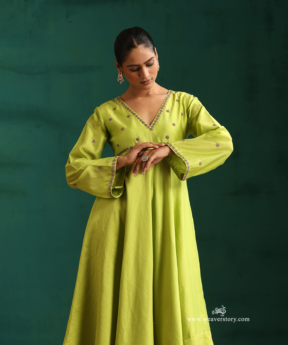 Lime Green Handwoven Chanderi Kurta with Zardosi Hand Embroidery