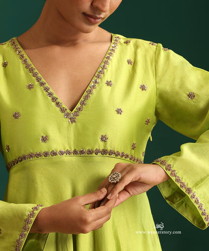 Lime Green Handwoven Chanderi Kurta with Zardosi Hand Embroidery