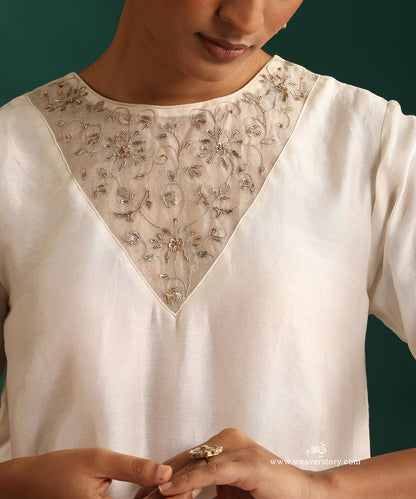 Offwhite Hand Embroidered Gota Patti Chanderi Kurta With Saclloped Tulip Pants