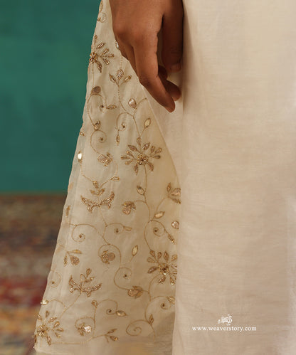Offwhite Hand Embroidered Gota Patti Chanderi Kurta With Saclloped Tulip Pants