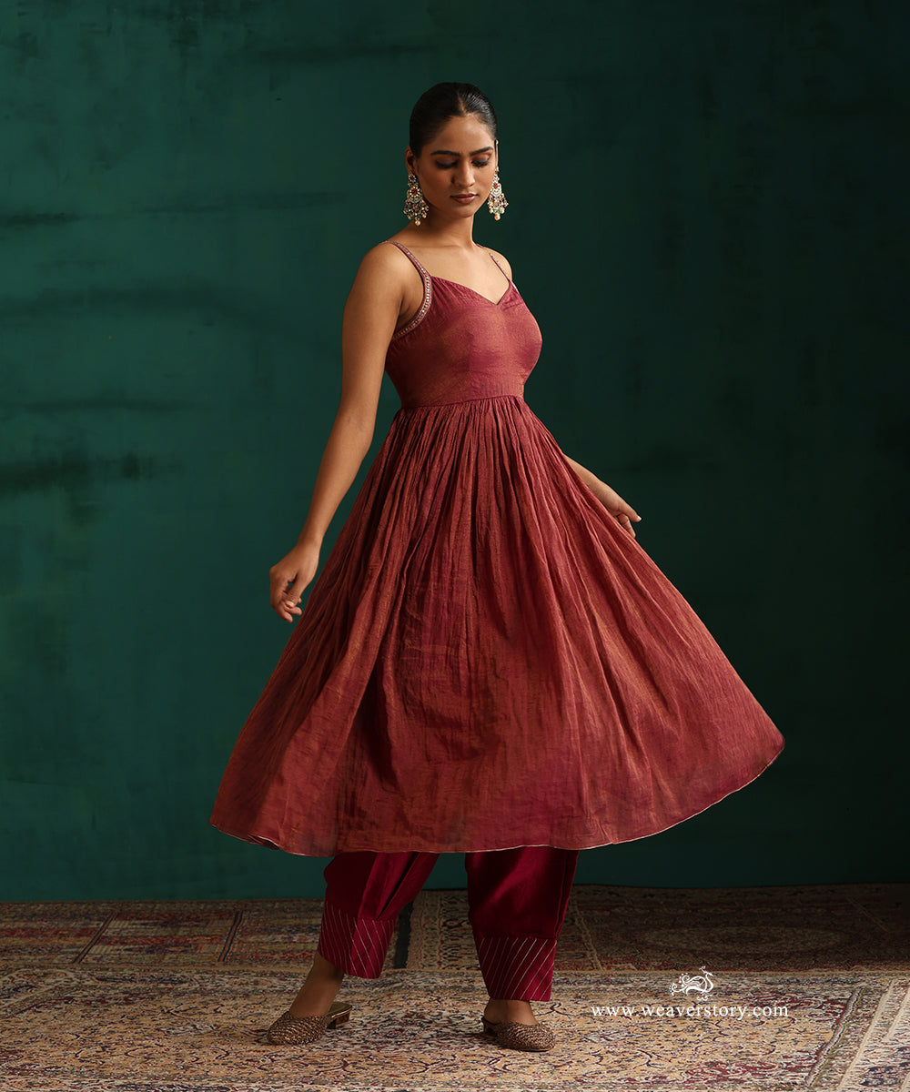 Plum Chanderi Tissue Kurta with Salwar and Organza Hand Embroidered Dupatta