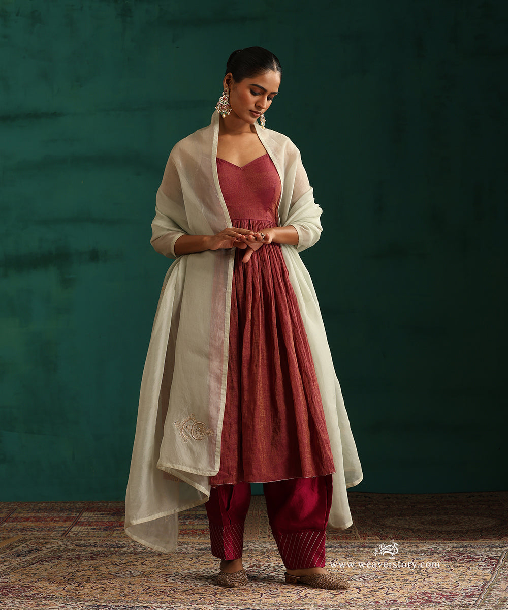 Plum Chanderi Tissue Kurta with Salwar and Organza Hand Embroidered Dupatta
