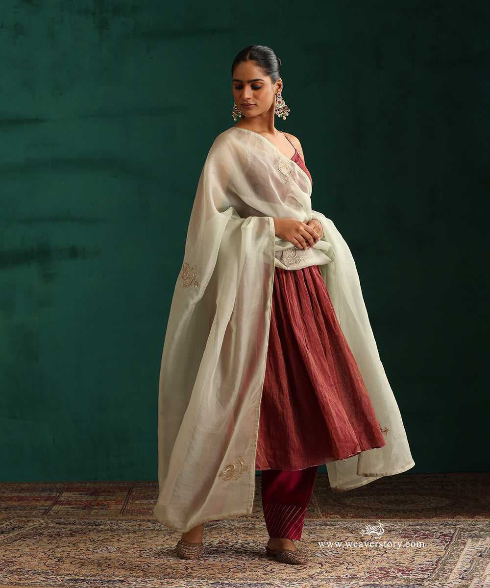 Plum Chanderi Tissue Kurta with Salwar and Organza Hand Embroidered Dupatta