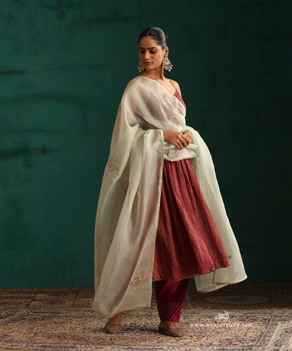 Plum Chanderi Tissue Kurta with Salwar and Organza Hand Embroidered Dupatta