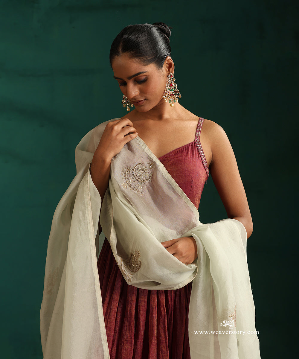 Plum Chanderi Tissue Kurta with Salwar and Organza Hand Embroidered Dupatta