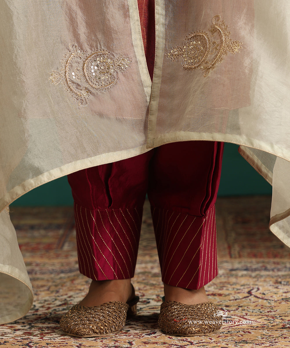 Plum Chanderi Tissue Kurta with Salwar and Organza Hand Embroidered Dupatta