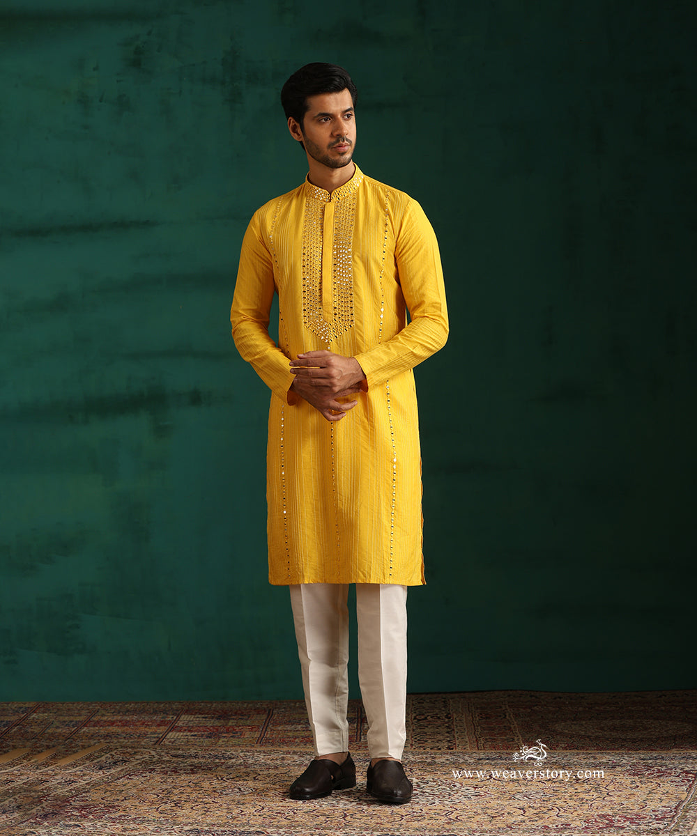 Yellow Handloom Cotton Silk Pintuck Kurta With Mirror Detailing With Pant