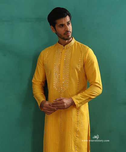 Yellow Handloom Cotton Silk Pintuck Kurta With Mirror Detailing With Pant