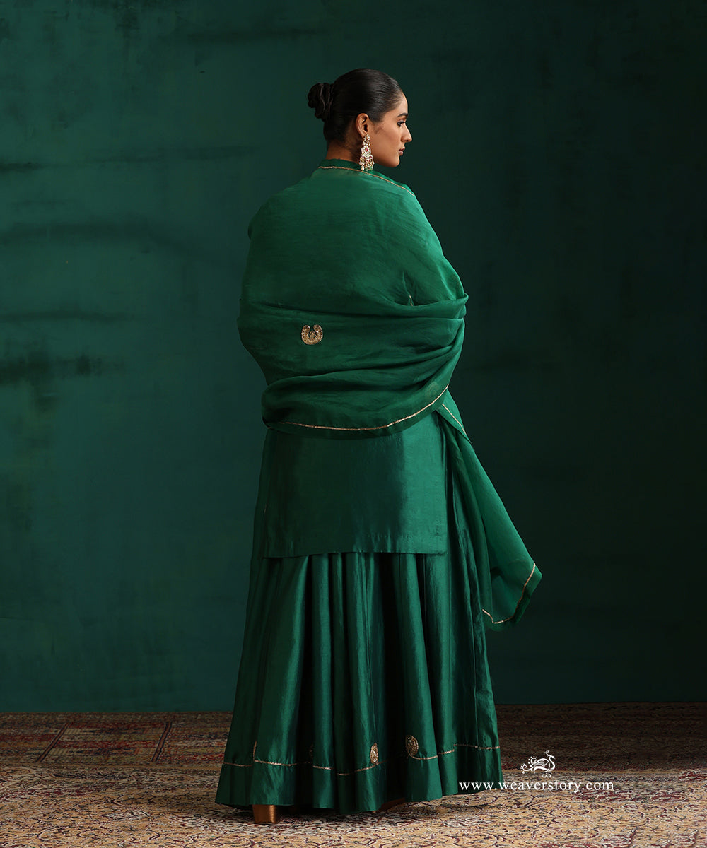 Rama Green Pure Chanderi Silk Lehenga with Short Kurta and Organza Dupatta