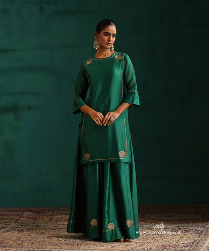 Rama Green Pure Chanderi Silk Lehenga with Short Kurta and Organza Dupatta