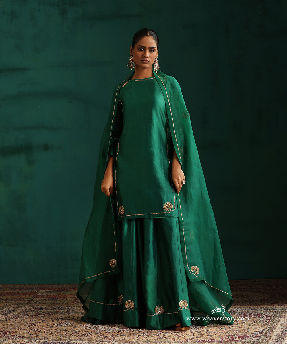 Rama Green Pure Chanderi Silk Lehenga with Short Kurta and Organza Dupatta